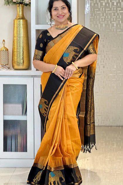 MUSTARD YELLOW WITH BLACK SAREE